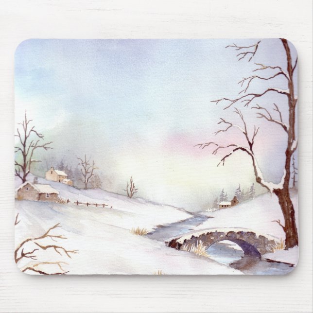 Mousepad Pintura de Paisagem de Aquarela da Ponte Snowy (Frente)
