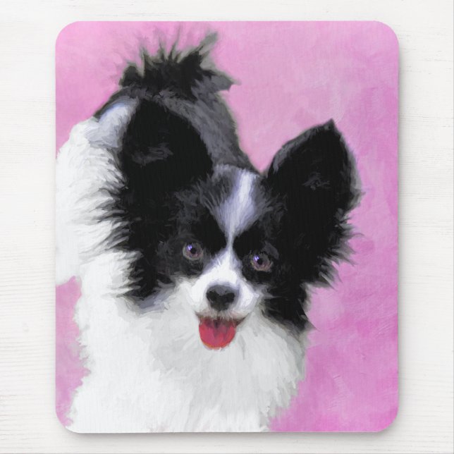 Mousepad Pintura de Papillon (Branco e Preto) - Arte Canina (Frente)