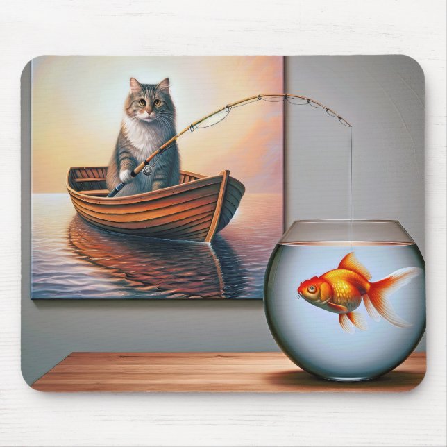 Mousepad Pintura De Pesca De Gato Com Peixe-Ouro (Frente)