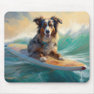 Mousepad Pintura de Surf na Praia do Australian Shepherd