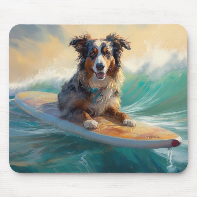 Mousepad Pintura de Surf na Praia do Australian Shepherd (Frente)