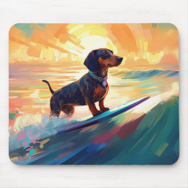 Mousepad Pintura de surfe na praia de Dachshund (Frente)