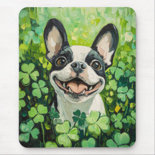 Mousepad Pintura em campo de trevo de Boston Terrier