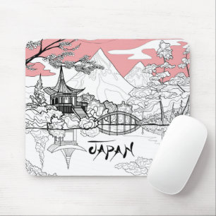 Mousepad Pintura em Linha do Lago do Templo Japonês na Mont