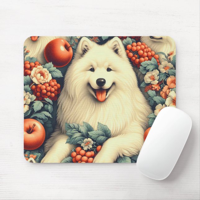 Mousepad Pintura Floral Cute Samoyed (Com mouse)