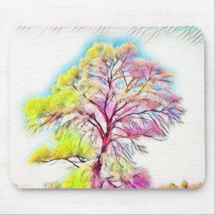 Mousepad Pintura verde, rosa, azul, amarela, de uma árvore