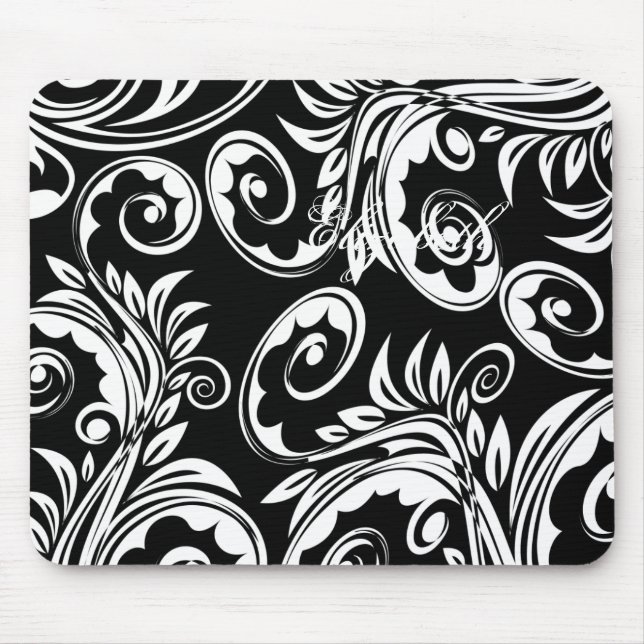 Mousepad Pisley floral padrão espiral preto branco (Frente)