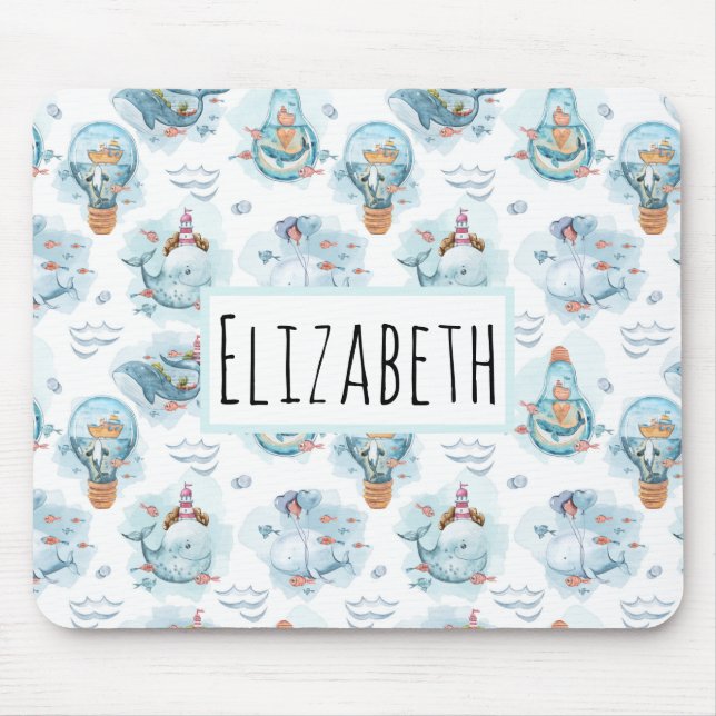 Mousepad Placa de Mouse com Padrão de Aquarelas de Baleias  (Frente)