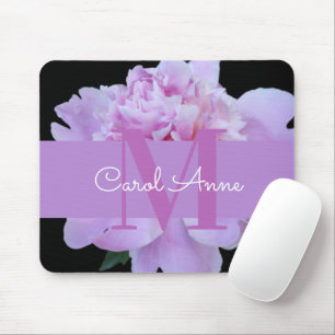 Mousepad Placa de Rato Preto Floral, Púrpura, Monograma, R