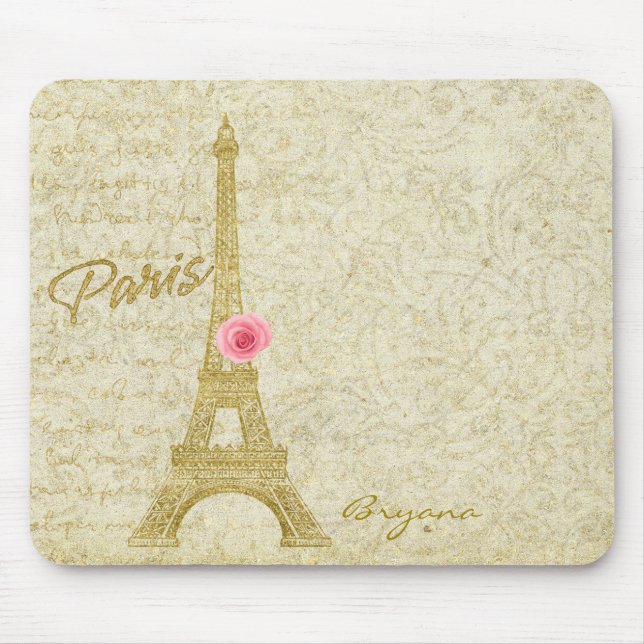Mousepad Placa Eiffel de Mouse Elegante Dourada e Rosa em T (Frente)