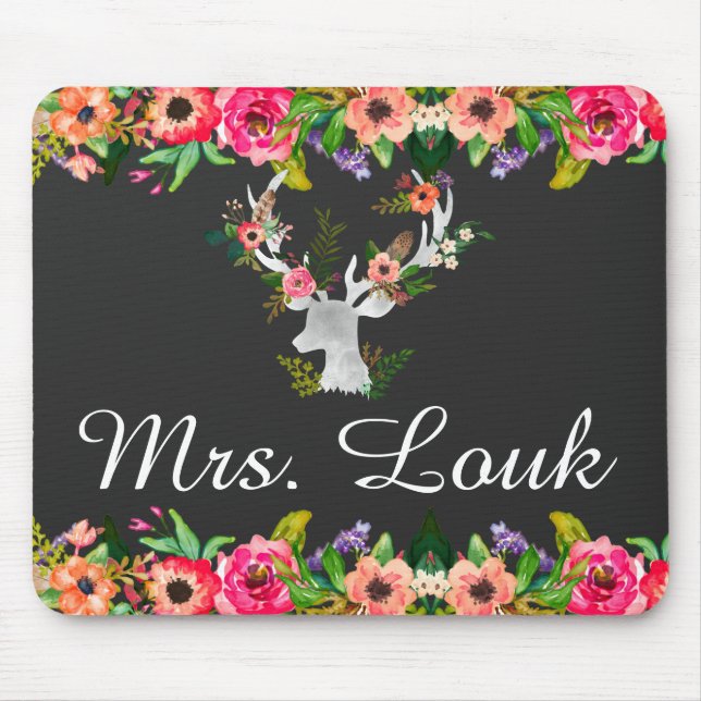 Mousepad Plad do mouse Floral Boho Deer Monogram (Frente)