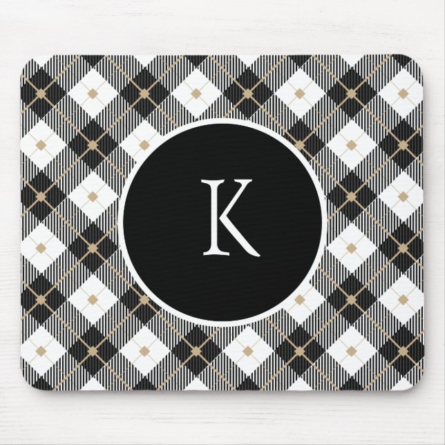 Mousepad Plaid Preto Branco Dourado Monogramado Personaliza (Frente)