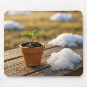 Mousepad Planta Verde em Vaso com Neve Derretendo