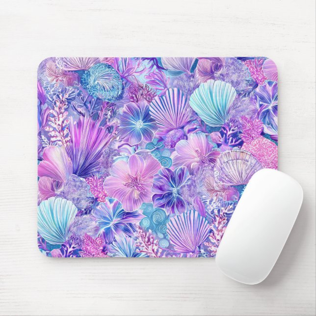 MOUSEPAD PLANTAS & CONCHAS SUBMARINAS AZUIS ROSA ROXAS (Com mouse)