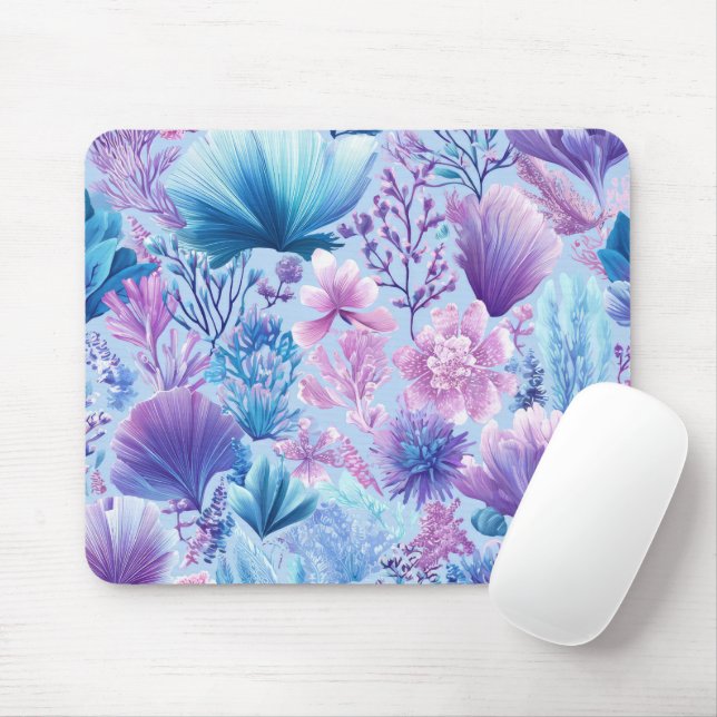 MOUSEPAD PLANTAS & CONCHAS SUBMARINAS AZUIS ROSA ROXAS (Com mouse)
