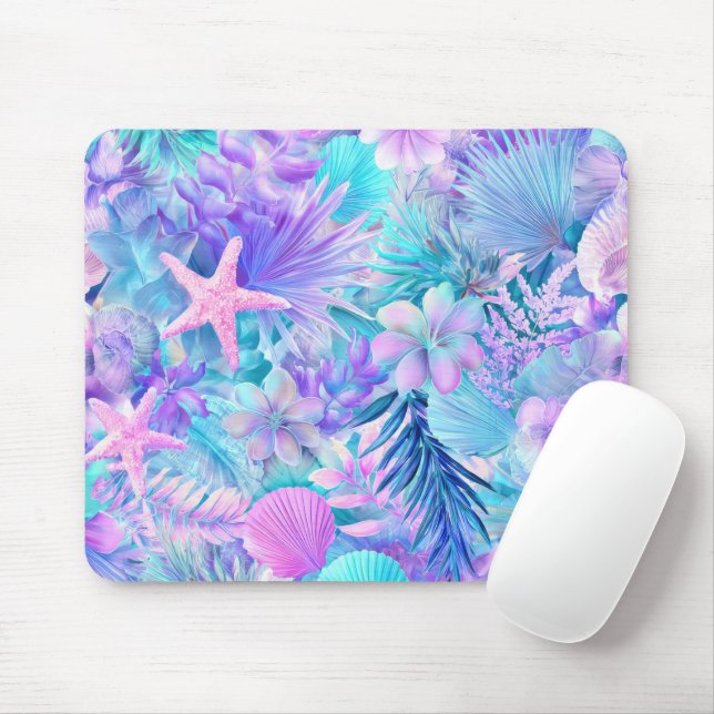 MOUSEPAD PLANTAS E CONCHAS MARINHAS AZUIS ROSA ROXAS (Com mouse)