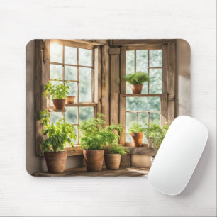 Mousepad Plantas em Vasos na Janela Ensolarada da Fazenda