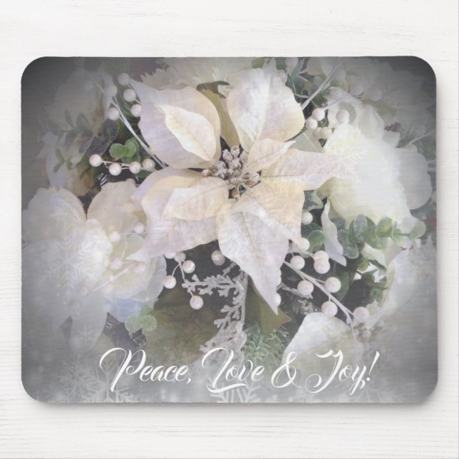 Mousepad Poinsettia de Natal Elegante Branca e Prata (Frente)