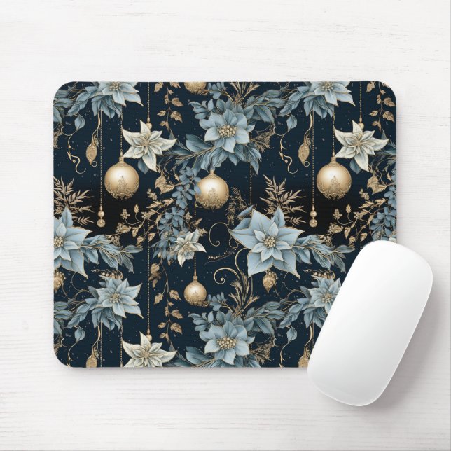 Mousepad Poinsettias de Enfeites de natal azuis e Dourados (Com mouse)