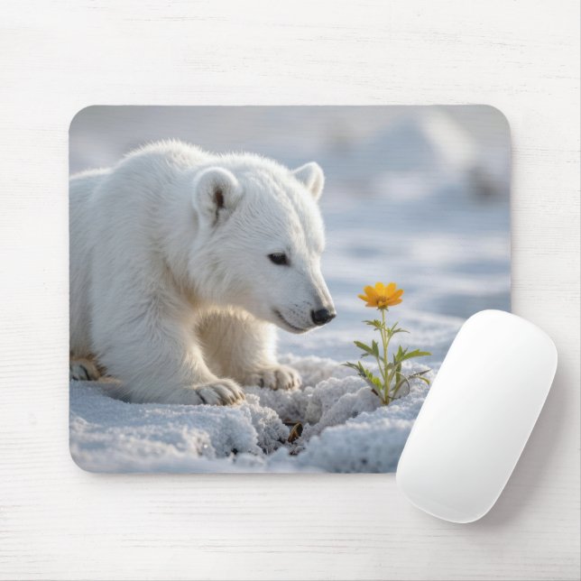 Mousepad Polar Bear Cub Admiring a Daisy (Com mouse)
