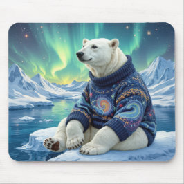 Mousepad Polar Bear Sitting Under Northern Lights