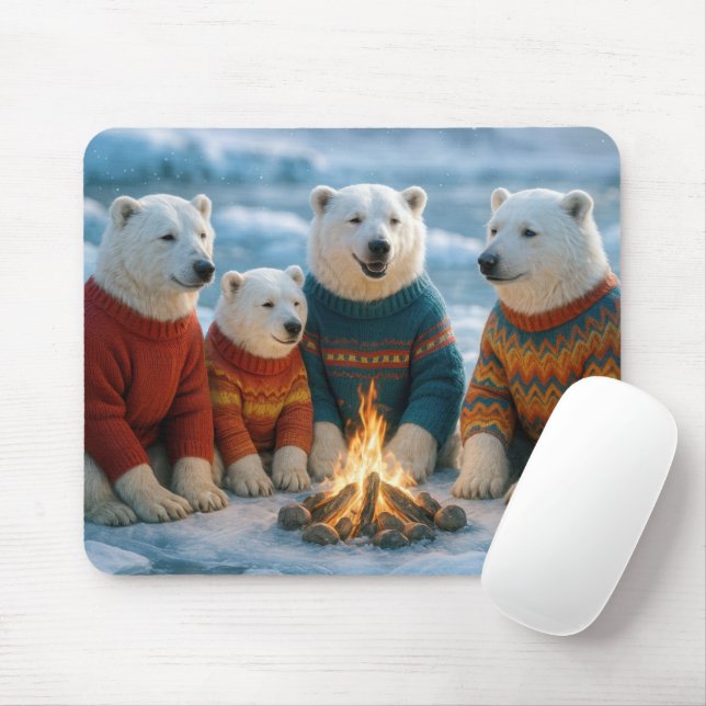 Mousepad Polar Bears Gathering Around a Bonfire (Com mouse)