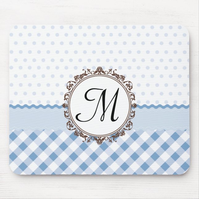 Mousepad Polkadots, cheques e tiras azuis com monograma (Frente)