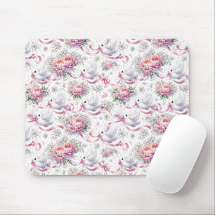 Mousepad Pombas Brancas com Peônias Rosas e Fitas