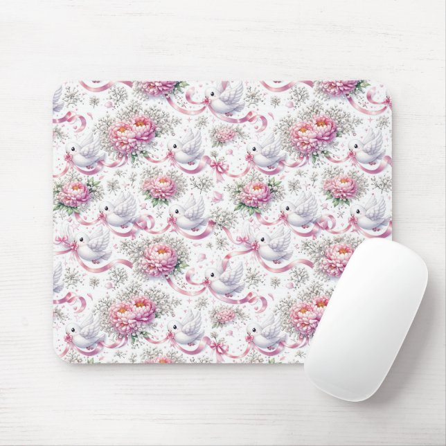Mousepad Pombas Brancas com Peônias Rosas e Fitas (Com mouse)