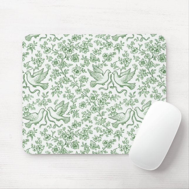 Mousepad Pombas de Casamento Verdes com Fitas e Flores (Com mouse)