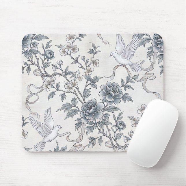 Mousepad Pombas e Flores de Peônia com Fitas (Com mouse)