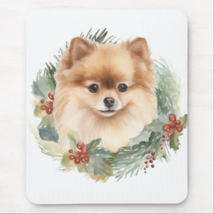 Mousepad Pomerânia Coroa de Natal Cachorrinho Festivo