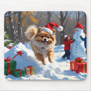 Mousepad Pomerânia Correndo na Neve com Chapéu de Natal