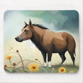 Mousepad Pônea castanho-branca no campo floral