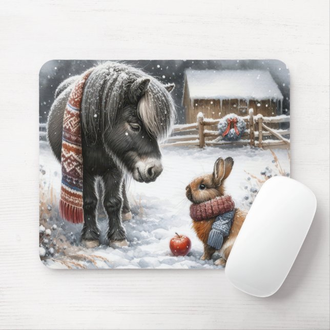 Mousepad Pônea de Natal e Coelhinho na Fazenda de inverno (Com mouse)