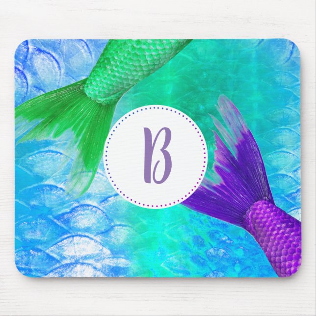 Mousepad Pontas e Escalas de Sereia Roxo e Teal | Monograma (Frente)