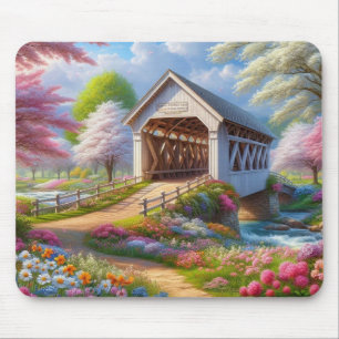 Mousepad Ponte e rio cobertos floral/primavera colorida
