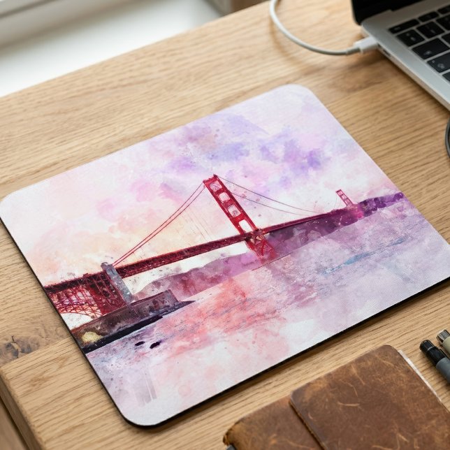 Mousepad Ponte Golden Gate em Aquarela ao Pôr do Sol (Golden Gate Bridge Watercolor at Sunset. Mouse Pad)