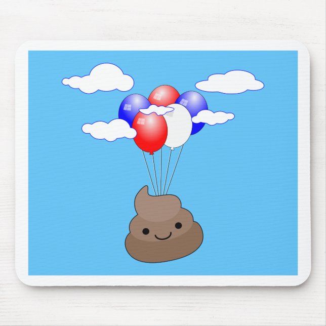 Mousepad Poo Emoji Voando Com Balões No Céu Azul (Frente)