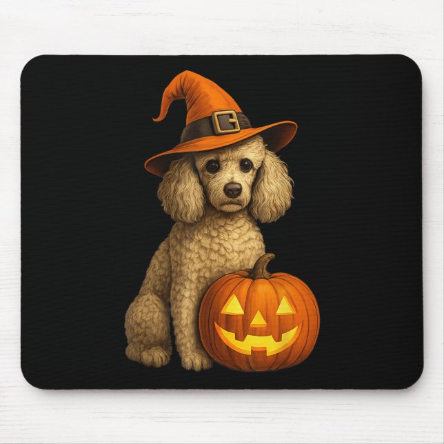 Mousepad Poodle Halloween Pumpkin Bruxa Bruxa Hat Dog Art F (Frente)