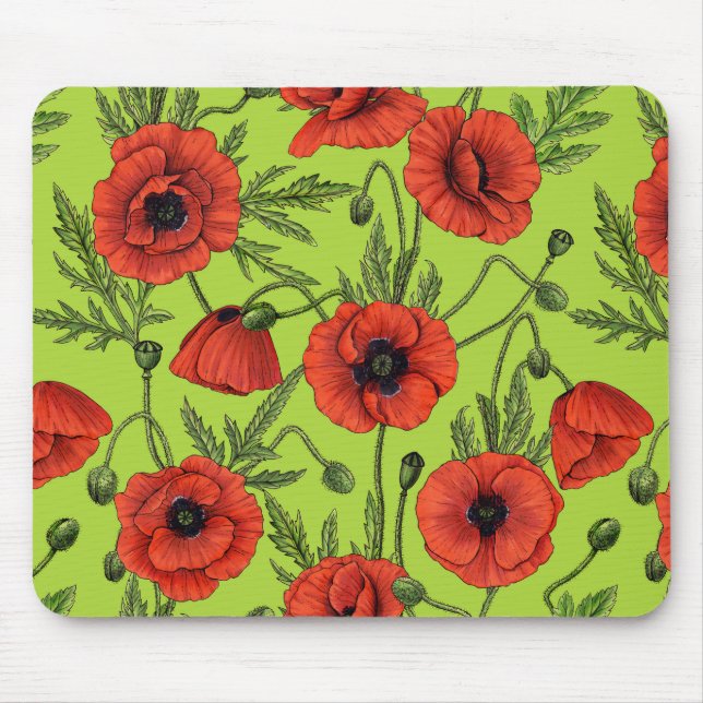 Mousepad Poppies, vermelhos e verdes no verde limão (Frente)