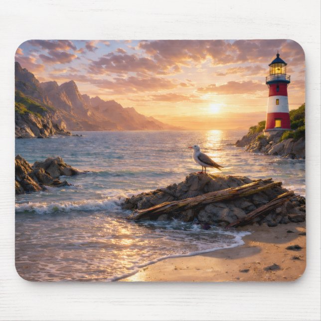 Mousepad Pôr do Sol do Farol com Gaivota Tapete de Mouse de (Frente)