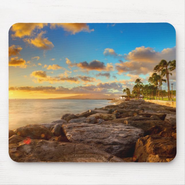 Mousepad Por do sol do oceano sobre as rochas e a palma | (Frente)