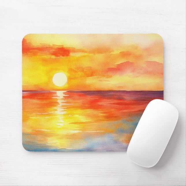 Mousepad Pôr do sol tropical em aquarela no oceano  (Com mouse)