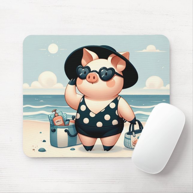 Mousepad Porco bonito em maiô de Bolinhas na praia (Com mouse)