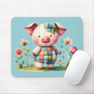 Mousepad Porco de retalhos de trigo no jardim floral