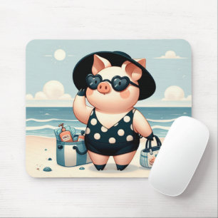 Mousepad Porco Fofo em Maiô de Bolinhas na Praia