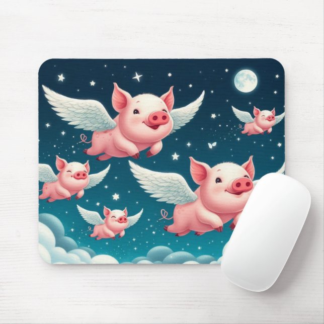 Mousepad Porcos voadores brancos em grão no céu noturno est (Com mouse)