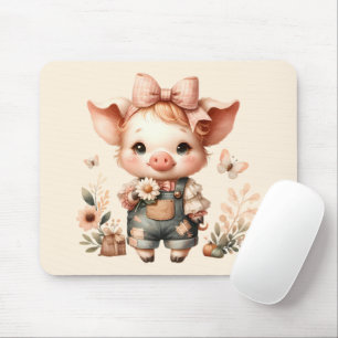 Mousepad Porquinho Caprichoso em Jardineira Pastel Pêssego