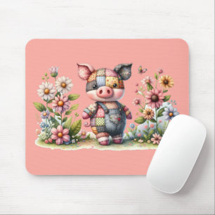 Mousepad Porquinho de Patchwork Fofo em Jardim Floral